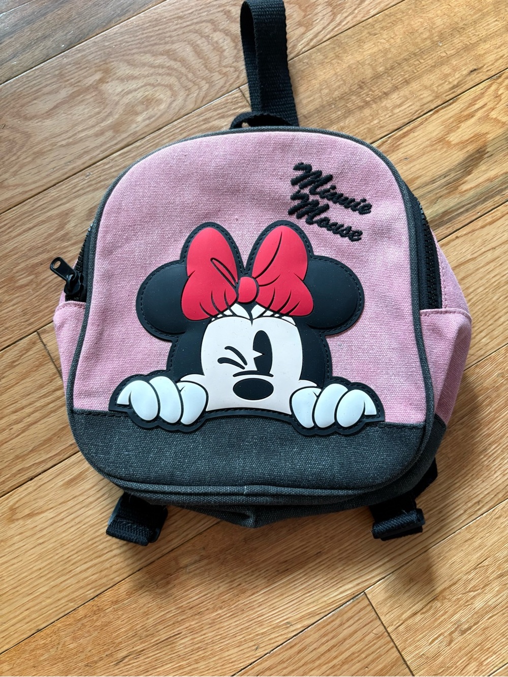 Zara Pink and Black Minnie Mouse Kids Backpack with Red Bow